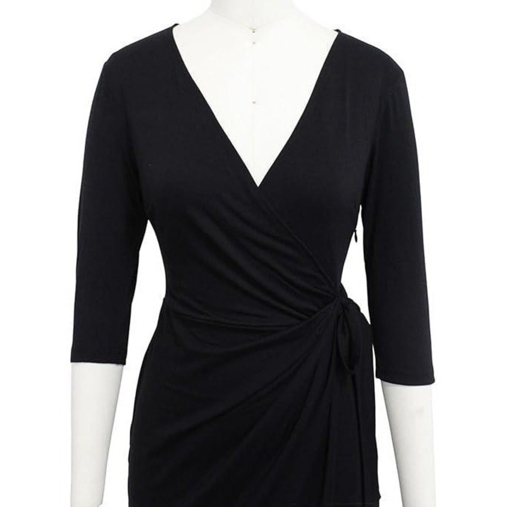 Women's‎ Faux Wrap Dress by Sunglory Black 3/4 Sleeve Size M New With Tags - Picture 12 of 12